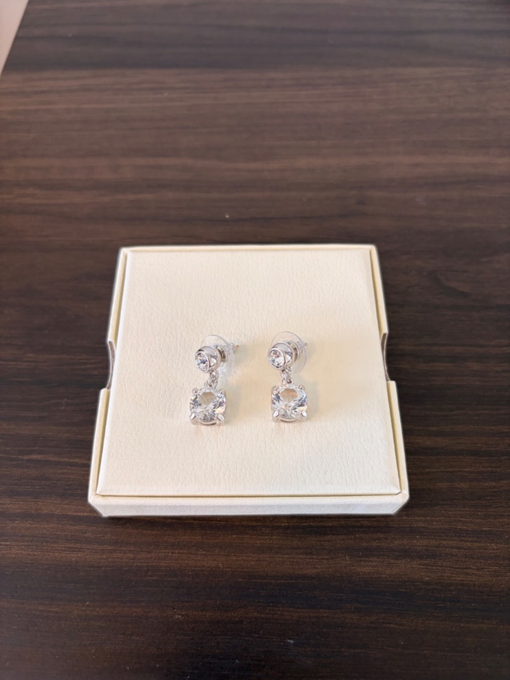 warovski Two-Stone Round Drop Earrings Silver Tone - Picture 3 of 5